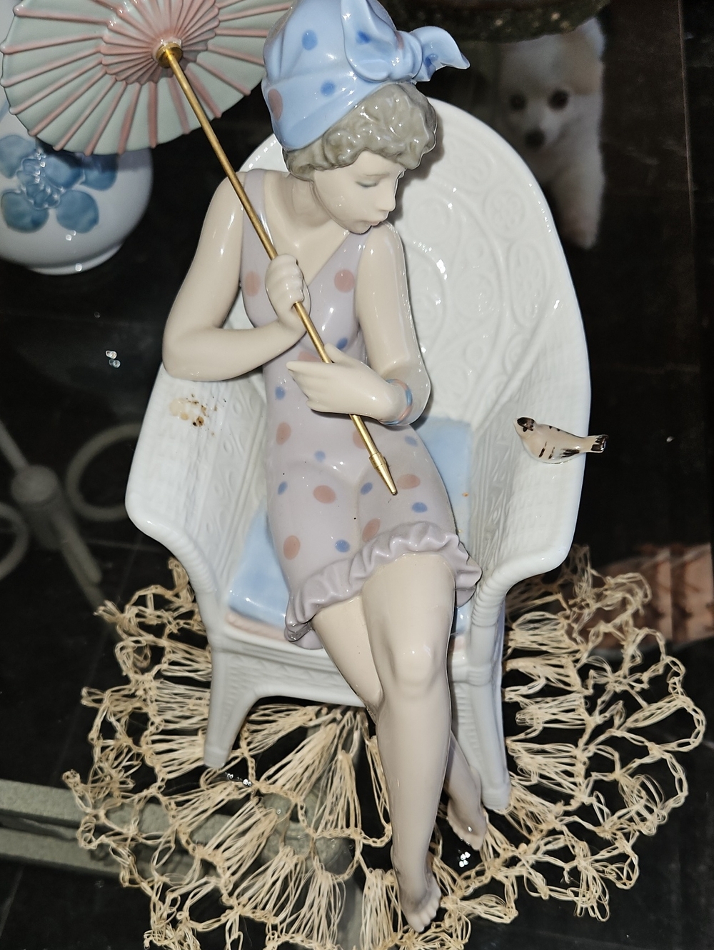 Lladro Porcelain Seated Lady Figurine with Blue Polka-Dot Parasol